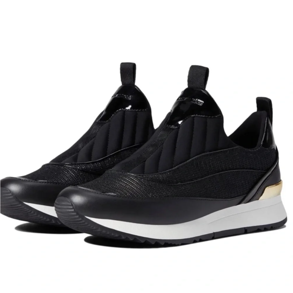 - MICHAEL KORS ALLIE STRIDE SLIP ON GLITTER CHAIN MESH BLACK SNICKERS - Picture 2 of 10